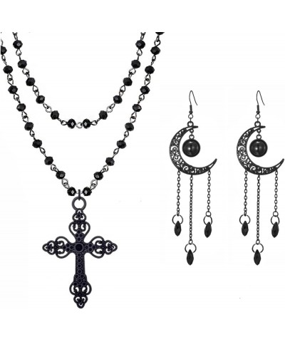 Gothic Cross Necklaces Moon Necklaces Cross Earrings Moon Earrings Black Pendant Choker Crystal Chain Halloween Jewelry Set f...