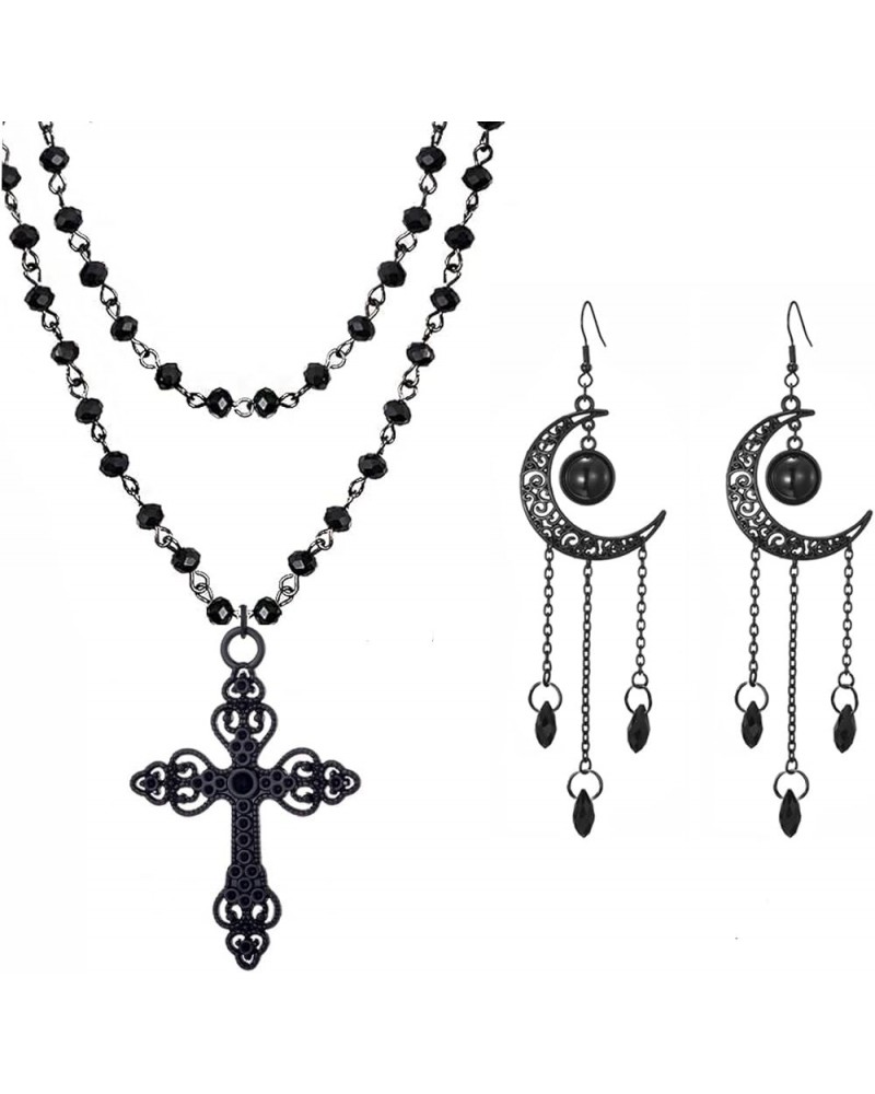 Gothic Cross Necklaces Moon Necklaces Cross Earrings Moon Earrings Black Pendant Choker Crystal Chain Halloween Jewelry Set f...