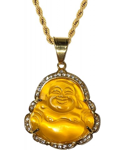 Men Women Jewelry Iced Laughing Yellow Jade Buddha Pendant Necklace Rope Chain Genuine Certified Grade A Jadeite Jade Hand Cr...