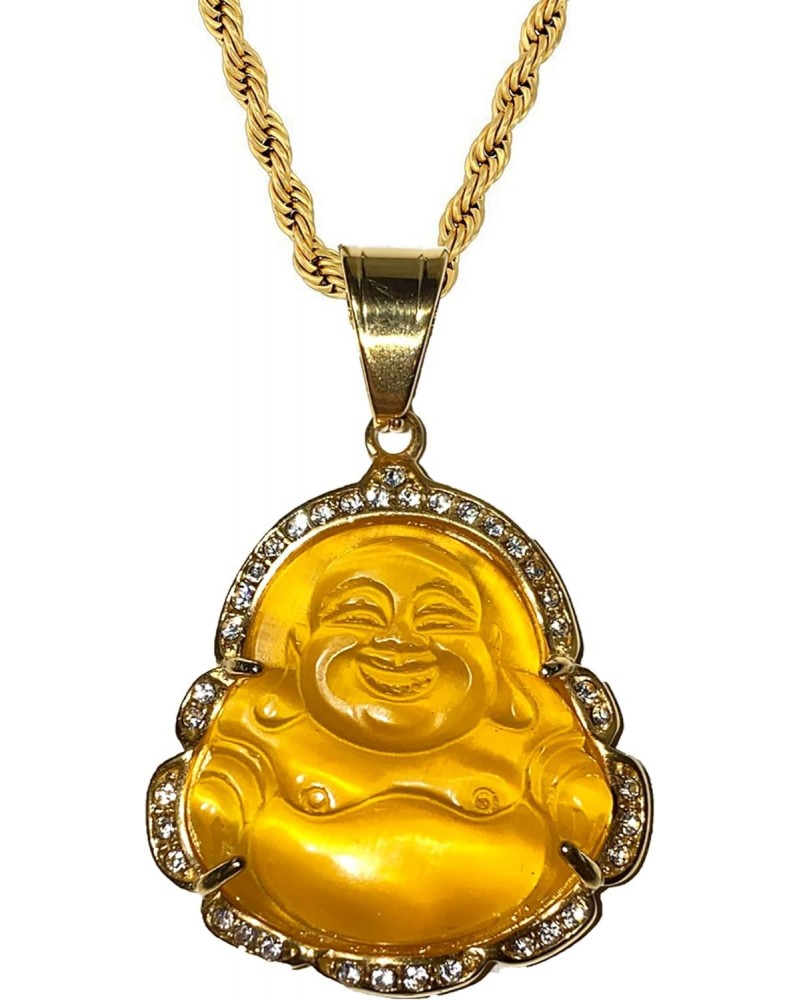 Men Women Jewelry Iced Laughing Yellow Jade Buddha Pendant Necklace Rope Chain Genuine Certified Grade A Jadeite Jade Hand Cr...