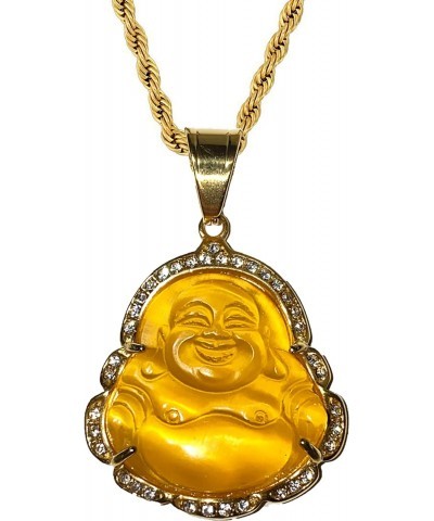 Men Women Jewelry Iced Laughing Yellow Jade Buddha Pendant Necklace Rope Chain Genuine Certified Grade A Jadeite Jade Hand Cr...