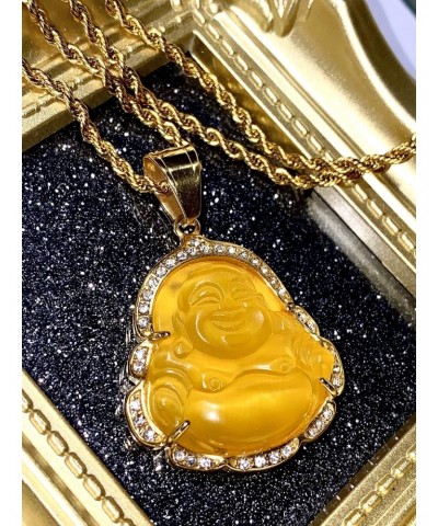 Men Women Jewelry Iced Laughing Yellow Jade Buddha Pendant Necklace Rope Chain Genuine Certified Grade A Jadeite Jade Hand Cr...