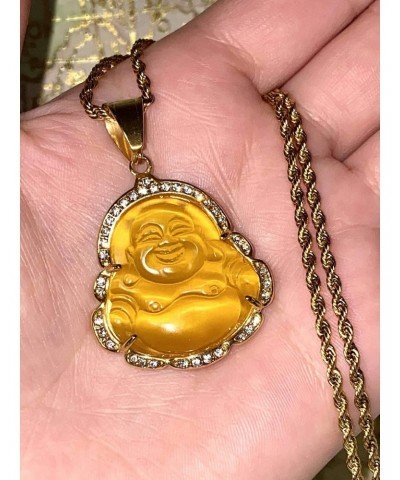 Men Women Jewelry Iced Laughing Yellow Jade Buddha Pendant Necklace Rope Chain Genuine Certified Grade A Jadeite Jade Hand Cr...