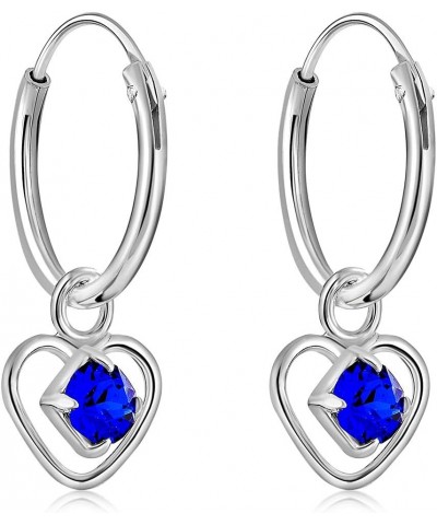 925 Sterling Silver TINY/VERY SMALL Endless Hoops/Sleepers Earrings and Dangling Heart with 3 mm Crystals from Swarovski Elem...