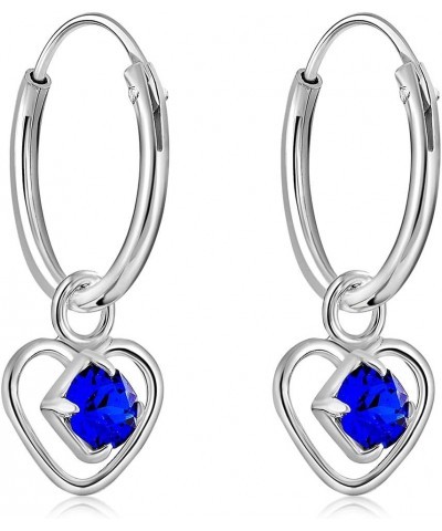 925 Sterling Silver TINY/VERY SMALL Endless Hoops/Sleepers Earrings and Dangling Heart with 3 mm Crystals from Swarovski Elem...