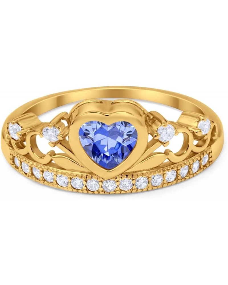 Heart Crown Ring Half Eternity Simulated Cubic Zirconia 925 Sterling Silver Choose Color Yellow Tone, Simulated Tanzanite CZ ...