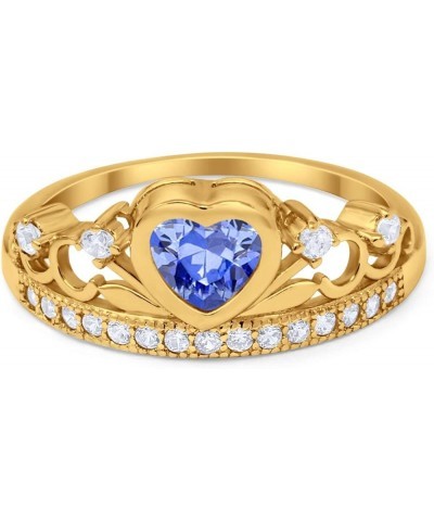 Heart Crown Ring Half Eternity Simulated Cubic Zirconia 925 Sterling Silver Choose Color Yellow Tone, Simulated Tanzanite CZ ...