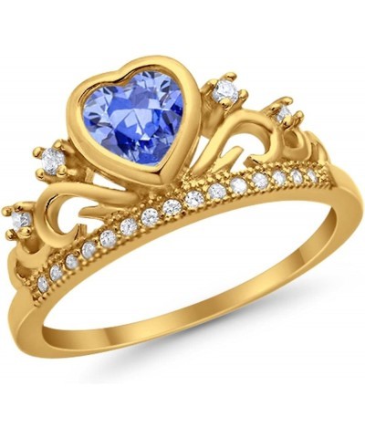 Heart Crown Ring Half Eternity Simulated Cubic Zirconia 925 Sterling Silver Choose Color Yellow Tone, Simulated Tanzanite CZ ...