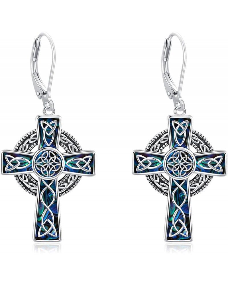 Celtic Knot Cross Earrings 925 Sterling Silver Abalone/Malachite Celtic Knot Cross Drop Earrings Celtic Knot Irish Religious ...