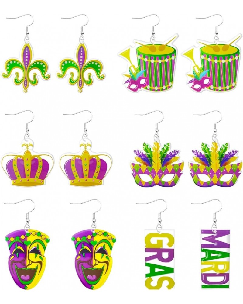 2/4/6 Pairs Mardi Gras Earrings for Women Mardi Gras Mask Crown Drum Earrings Mardi Gras Theme Earrings Fleur De Lis Dangle E...