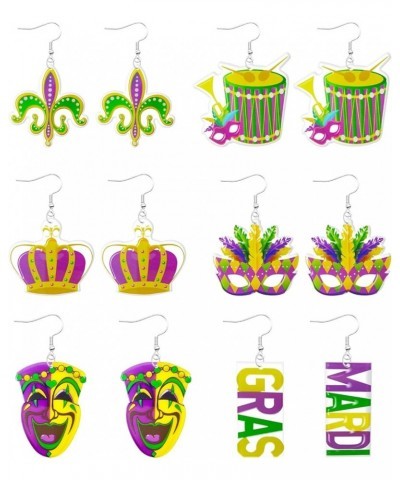 2/4/6 Pairs Mardi Gras Earrings for Women Mardi Gras Mask Crown Drum Earrings Mardi Gras Theme Earrings Fleur De Lis Dangle E...