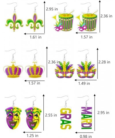 2/4/6 Pairs Mardi Gras Earrings for Women Mardi Gras Mask Crown Drum Earrings Mardi Gras Theme Earrings Fleur De Lis Dangle E...