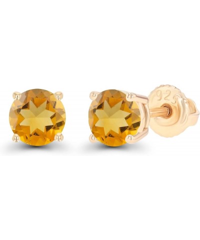 14K Gold Plated 925 Sterling Silver Hypoallergenic 5mm Round Genuine Birthstone Solitaire Screwback Stud Earrings Citrine Yel...