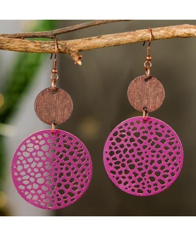 Wooden Round Geometric Earrings Vintage Hollow Out Circle Earrings Bohemia Lightweight Statement Jewelry Suitable For Women A...