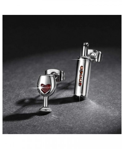 Fashion Red Wine Bottle Glass Stud Earrings with Zircon Crystal Love Heart Party Banquet Jewelry Silver $6.59 Earrings