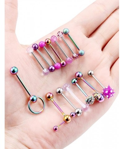 14Pcs 14G Surgical Steel Tongue Rings Teaser Double Barbell with Slave Ring Body Piercing Jewelry for Women Men Skull/Flower/...