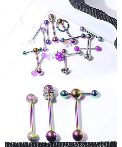 14Pcs 14G Surgical Steel Tongue Rings Teaser Double Barbell with Slave Ring Body Piercing Jewelry for Women Men Skull/Flower/...