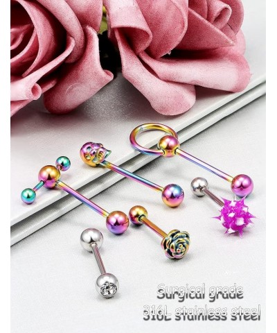 14Pcs 14G Surgical Steel Tongue Rings Teaser Double Barbell with Slave Ring Body Piercing Jewelry for Women Men Skull/Flower/...