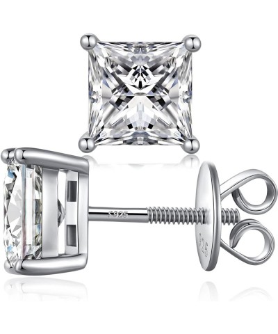 Rhodium Plated Sparkling CZ Diamond Stud Earrings 925 Sterling Silver Round Cut and Princess Cut 5A+ Cubic Zirconia Stud Earr...