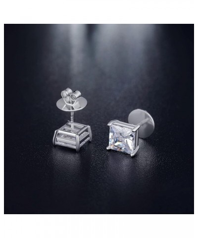 Rhodium Plated Sparkling CZ Diamond Stud Earrings 925 Sterling Silver Round Cut and Princess Cut 5A+ Cubic Zirconia Stud Earr...