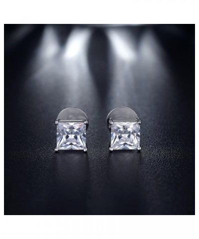 Rhodium Plated Sparkling CZ Diamond Stud Earrings 925 Sterling Silver Round Cut and Princess Cut 5A+ Cubic Zirconia Stud Earr...