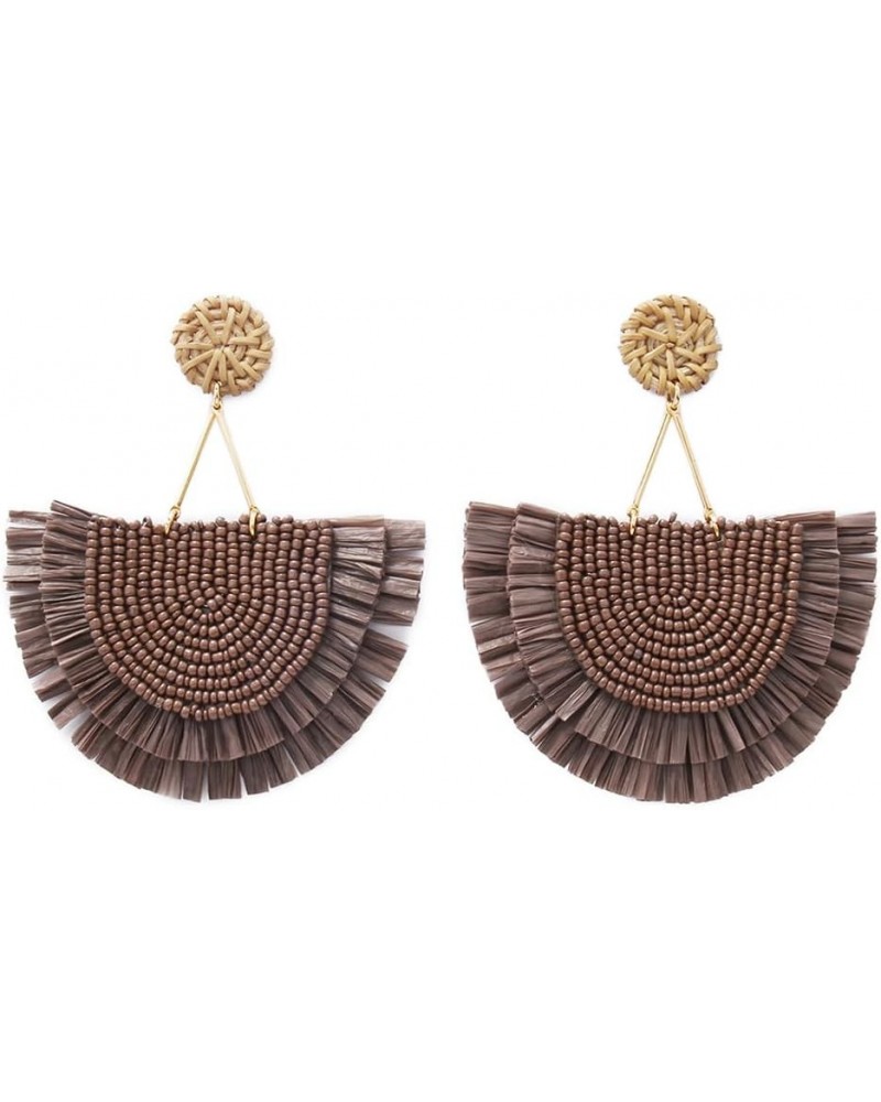 Bohemia Beaded Fringe Statement Earrings with Long Dangling Tassel Raffia Earrings for Women Big Cocoa Brown $10.06 Earrings