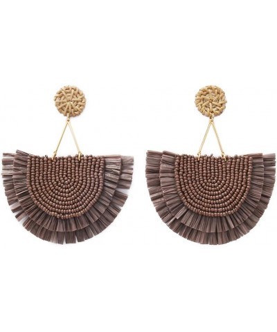 Bohemia Beaded Fringe Statement Earrings with Long Dangling Tassel Raffia Earrings for Women Big Cocoa Brown $10.06 Earrings