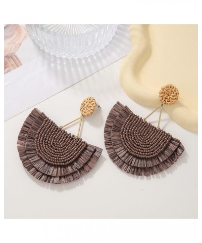 Bohemia Beaded Fringe Statement Earrings with Long Dangling Tassel Raffia Earrings for Women Big Cocoa Brown $10.06 Earrings