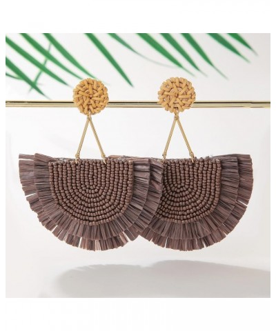 Bohemia Beaded Fringe Statement Earrings with Long Dangling Tassel Raffia Earrings for Women Big Cocoa Brown $10.06 Earrings