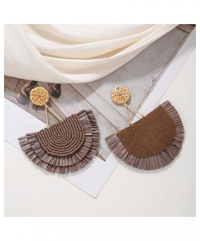 Bohemia Beaded Fringe Statement Earrings with Long Dangling Tassel Raffia Earrings for Women Big Cocoa Brown $10.06 Earrings