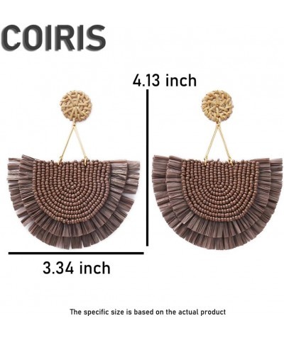 Bohemia Beaded Fringe Statement Earrings with Long Dangling Tassel Raffia Earrings for Women Big Cocoa Brown $10.06 Earrings