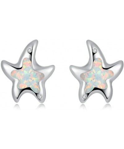 Womens Starfish Stud Earrings for Teen Girls 14K White Gold Plated Opal Earrings Sea Animal Gemstone Jewelry Gift Starfish-Wh...