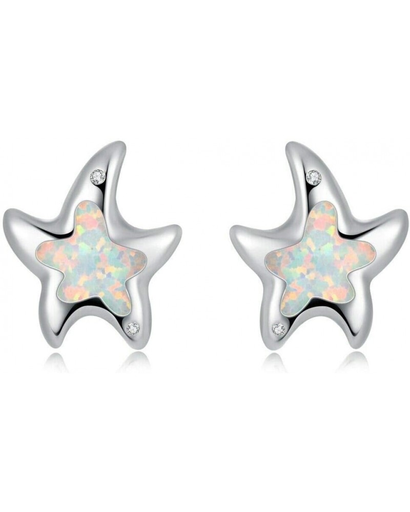 Womens Starfish Stud Earrings for Teen Girls 14K White Gold Plated Opal Earrings Sea Animal Gemstone Jewelry Gift Starfish-Wh...