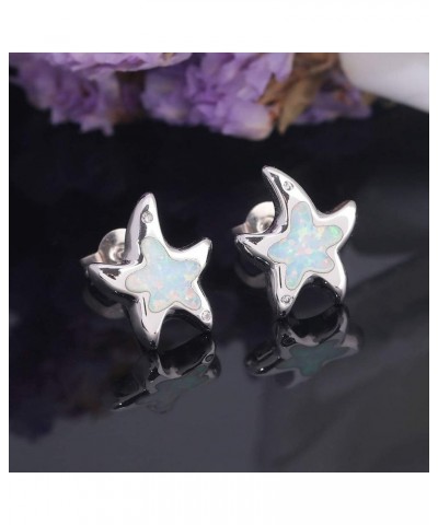 Womens Starfish Stud Earrings for Teen Girls 14K White Gold Plated Opal Earrings Sea Animal Gemstone Jewelry Gift Starfish-Wh...