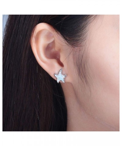 Womens Starfish Stud Earrings for Teen Girls 14K White Gold Plated Opal Earrings Sea Animal Gemstone Jewelry Gift Starfish-Wh...