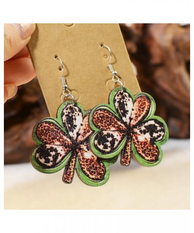 St. Patrick's Day Earrings Handmade Irish Shamrock Wooden Leopard Grain Clover Dangle Earrings Lightweight Leaf Drop Earrings...