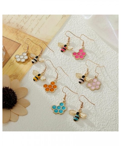 Honey Bee Stud Earrings Honeycomb Bee Drop Dangle Earrings for Women Pink $8.66 Earrings