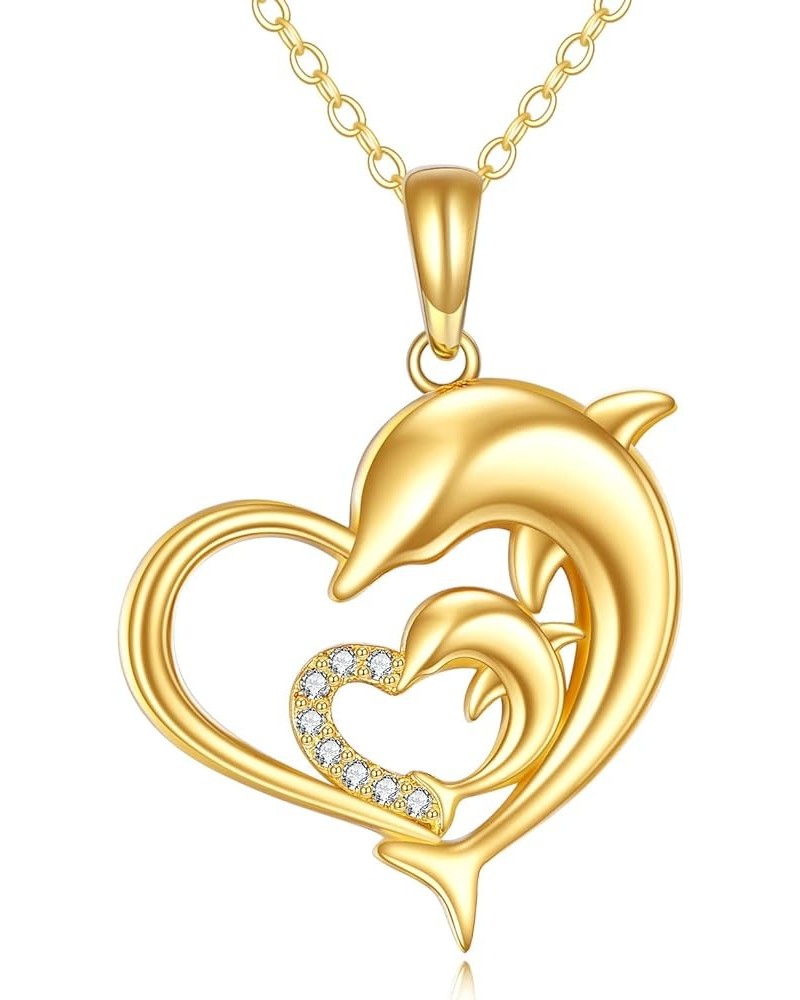 14k Gold Dolphin Necklace Yellow Gold Love Heart Dolphin Pendant Necklace Fine Gold Necklace Jewelry Mothers Day Gifts for Mo...