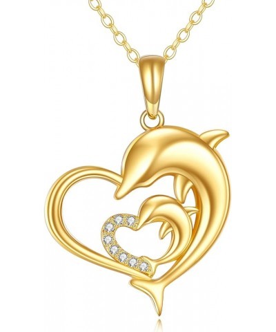 14k Gold Dolphin Necklace Yellow Gold Love Heart Dolphin Pendant Necklace Fine Gold Necklace Jewelry Mothers Day Gifts for Mo...