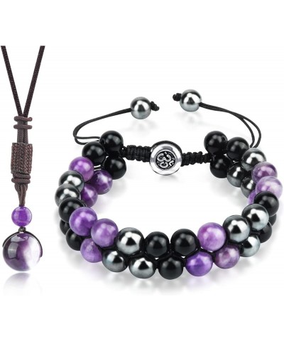 Triple Protection Bracelet, Beaded Bracelets with Obsidian, Tiger Eye, Hematite Stones, Healing Crystal Bracelets Purple Brac...