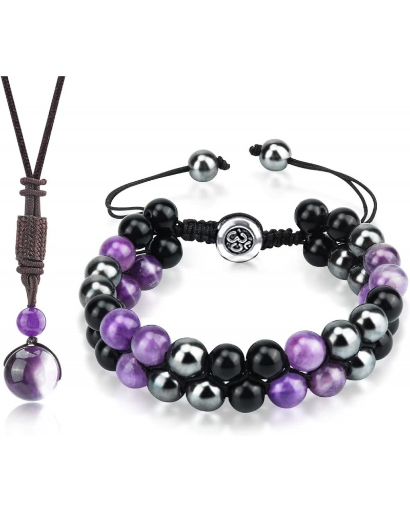 Triple Protection Bracelet, Beaded Bracelets with Obsidian, Tiger Eye, Hematite Stones, Healing Crystal Bracelets Purple Brac...