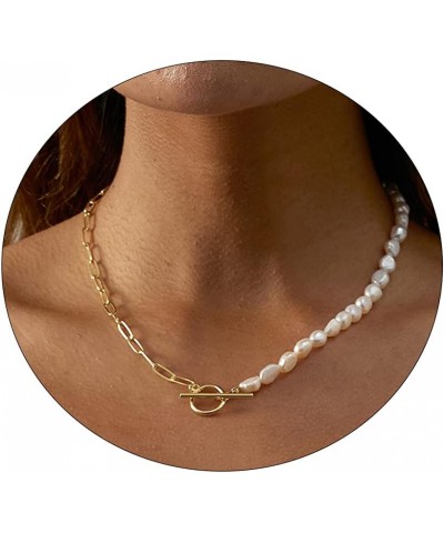 Dainty Pearl Necklaces for Women Shining Silver 14K Gold Plated Pearl Chocker Paperclip Link Cuban Box Chain Vintage Pearl Pe...