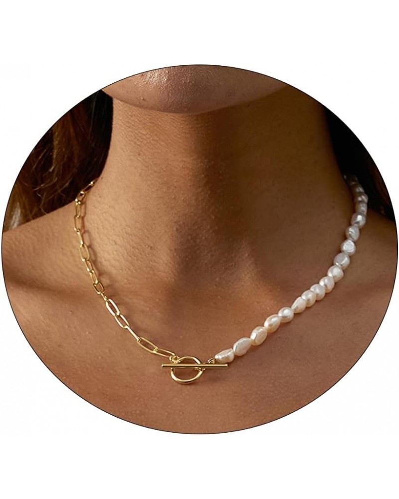 Dainty Pearl Necklaces for Women Shining Silver 14K Gold Plated Pearl Chocker Paperclip Link Cuban Box Chain Vintage Pearl Pe...