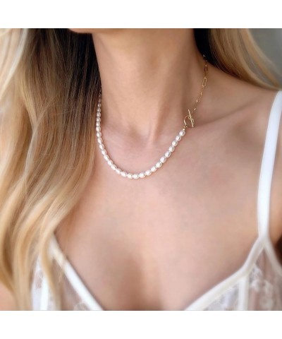 Dainty Pearl Necklaces for Women Shining Silver 14K Gold Plated Pearl Chocker Paperclip Link Cuban Box Chain Vintage Pearl Pe...