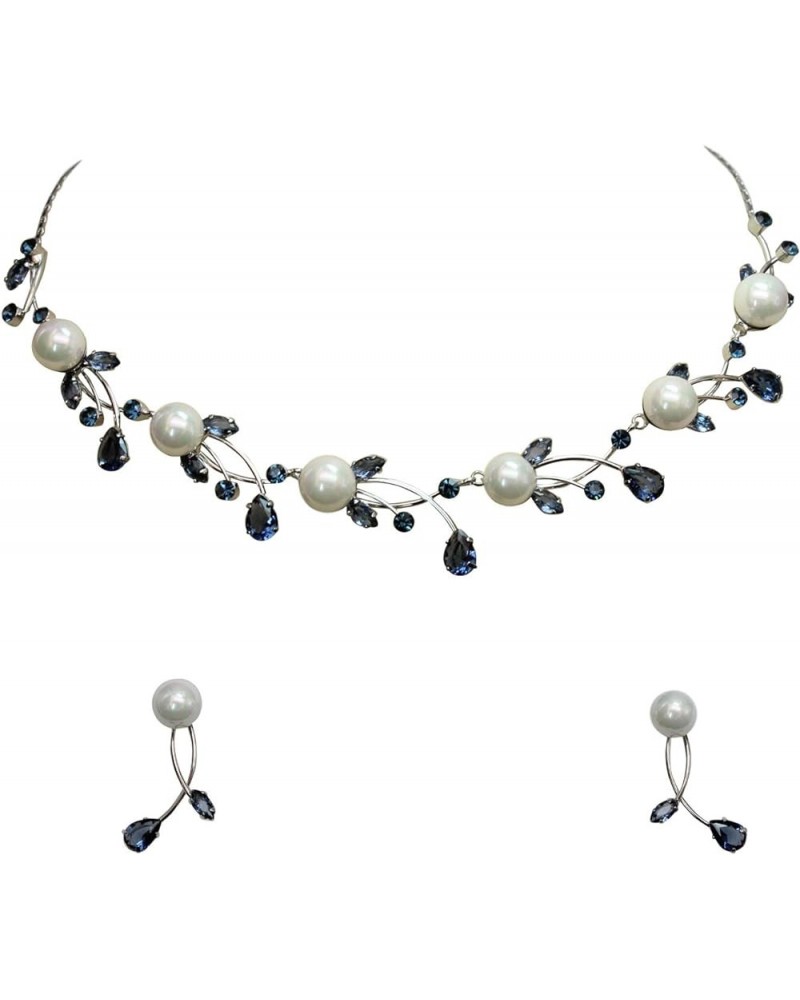 Gorgeous CZ Crystal Genuine 10mm Freshwater Pearls Floral Necklace Earrings Set Navy Blue $21.90 Jewelry Sets