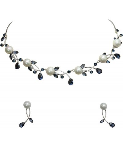 Gorgeous CZ Crystal Genuine 10mm Freshwater Pearls Floral Necklace Earrings Set Navy Blue $21.90 Jewelry Sets