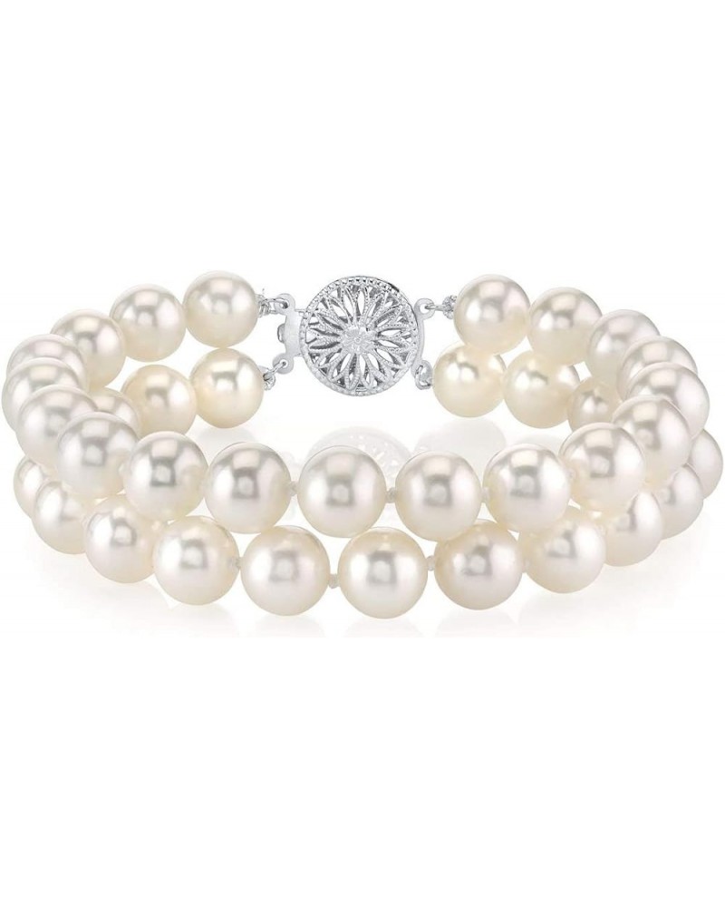 Sterling Silver AAAA Quality Round White Freshwater Cultured Pearl Double Strand Bracelet for Women 6.5 Inches 7.0mm $109.44 ...