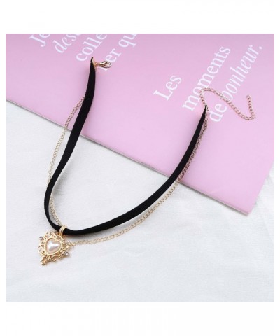 Gothic Black Velvet Choker Necklace Layered Heart Pearl Necklace Boho Satin Choker Necklace Gold Heart Necklace Jewelry for W...