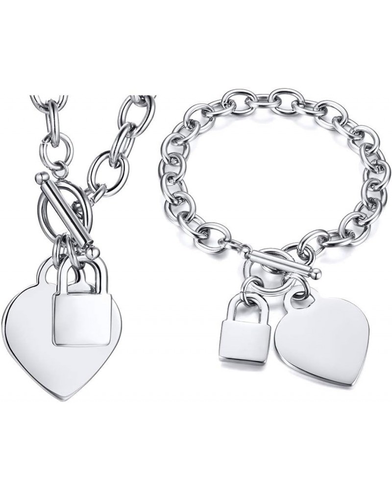 Customized Jewelry Stainless Steel Stylish Chunky Chain Lock and Heart Tag Charm Bracelet and Choker Necklace with Toggle Cla...