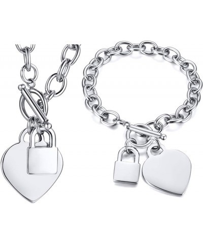 Customized Jewelry Stainless Steel Stylish Chunky Chain Lock and Heart Tag Charm Bracelet and Choker Necklace with Toggle Cla...